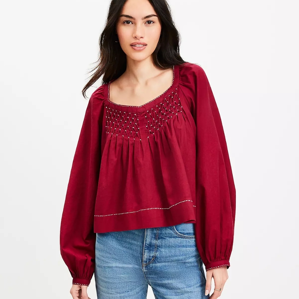NWT LOFT Red 100% Cotton Sweetheart Neckline Top Blouse Women's Sz Plus XXL